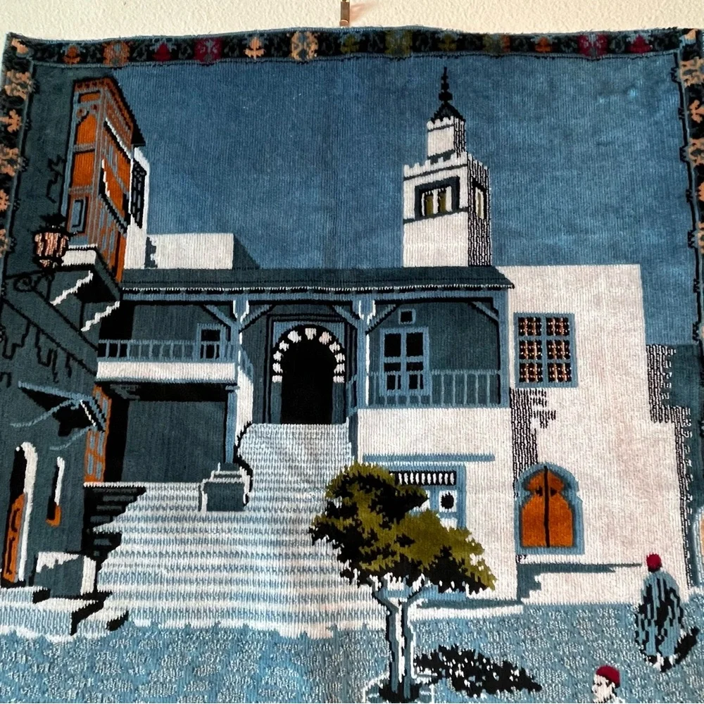 Vintage 90s Tunisian Velvet Fabric Tapestry Carpet Wall Decor 27”x34”